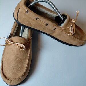 New Nautica Nolann Mens Tan  Suede Slippers Fleece Lining Size 11 / 12 Faux Fur